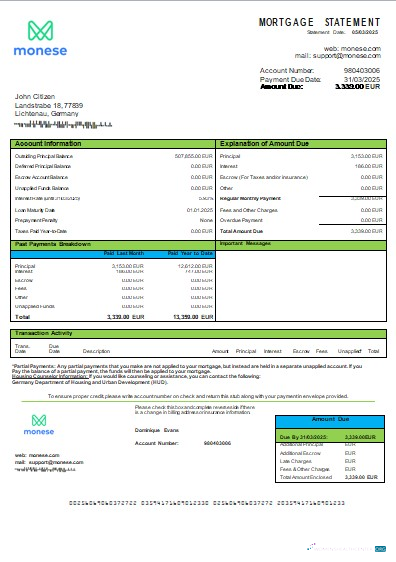 Download Germany Monese bank mortgage statement scr Photoshop template